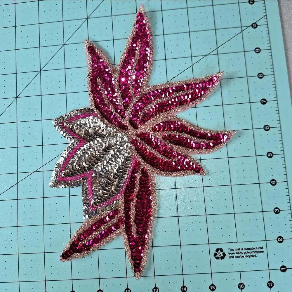 Fuchsia and silver sequin bead flower mirror pair